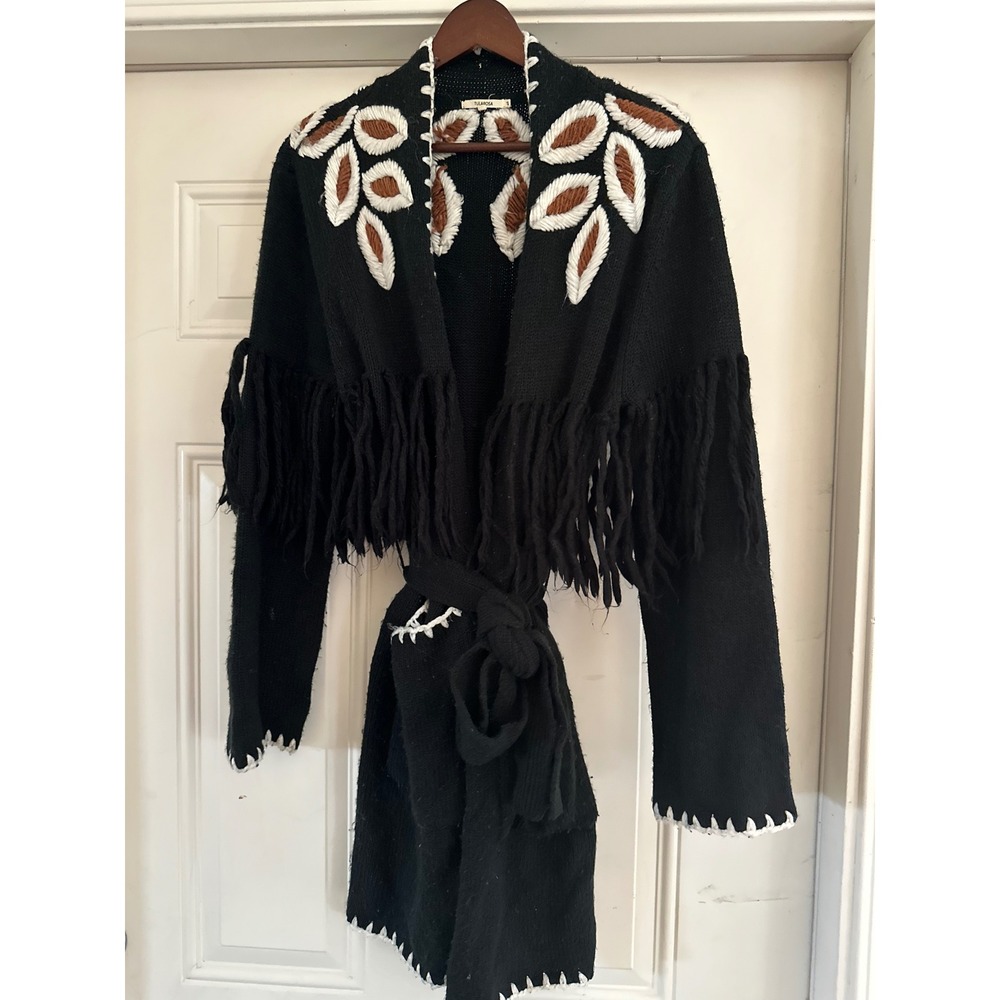 Tularosa Black Fringe Boho Cardigan Sweater Embroidered Leaf Detail, Size S